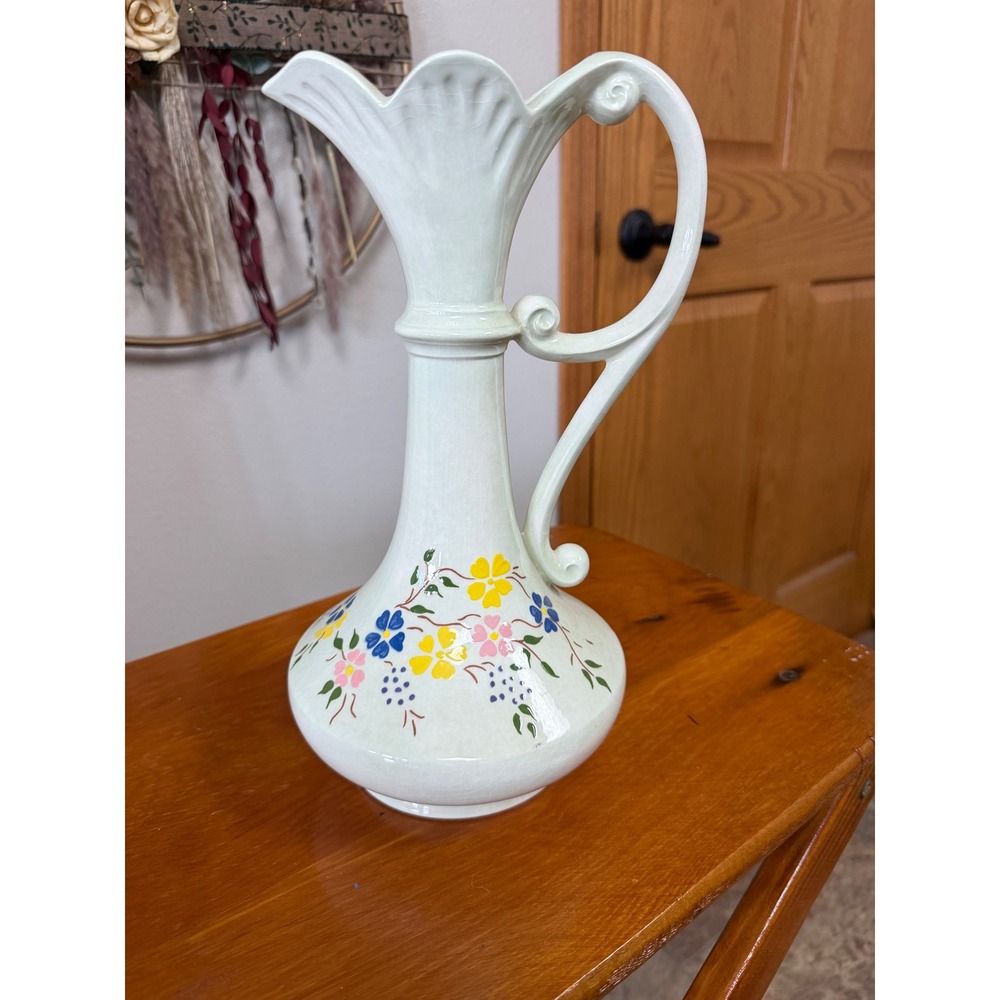 Vintage Ronda Hand Painted Floral Ceramic Pitcher Vase Scalloped Rim 11.5 Inch
